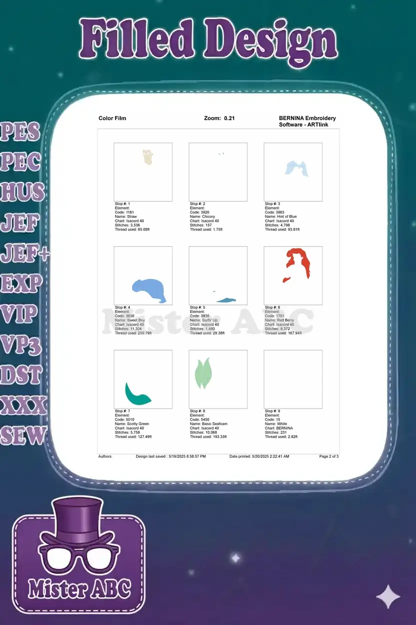 Color film page showing individual embroidery elements for colors 1-9 of the Ariel design, detailing stitch count and thread use.