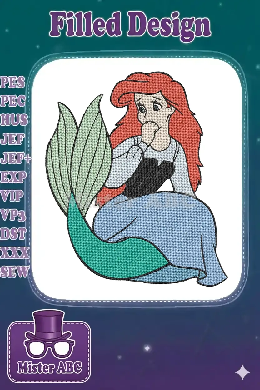 Detailed embroidery of Ariel from The Little Mermaid, sitting with a concerned expression, vibrant and ready for projects.