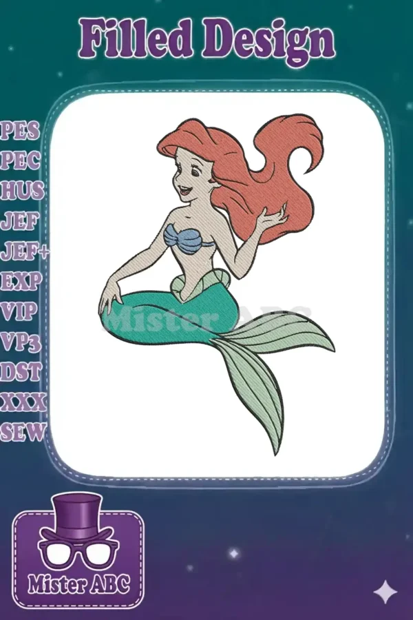 A vibrant embroidery design of Disney's Ariel, the Little Mermaid, sitting with her red hair and green tail.