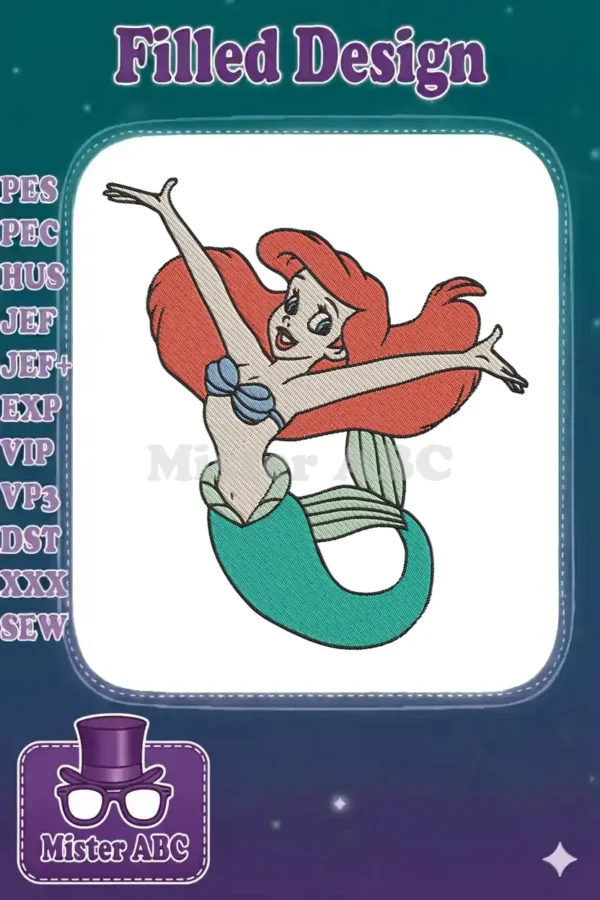 Vibrant embroidery design of Ariel from The Little Mermaid, arms outstretched, with flowing red hair and green tail.