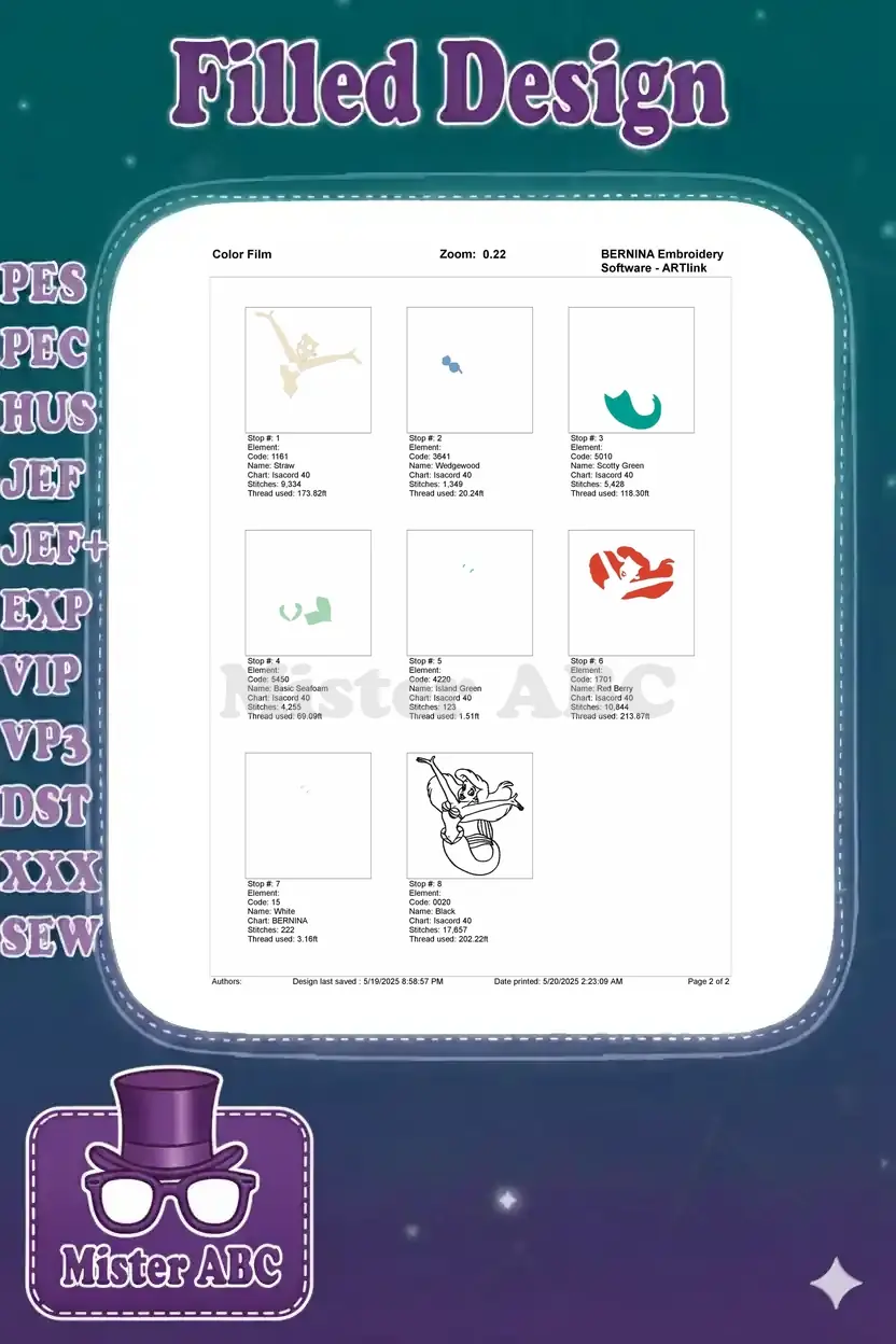 Embroidery color film showing the stitch-by-stitch sequence for the Ariel design, detailing each thread element.