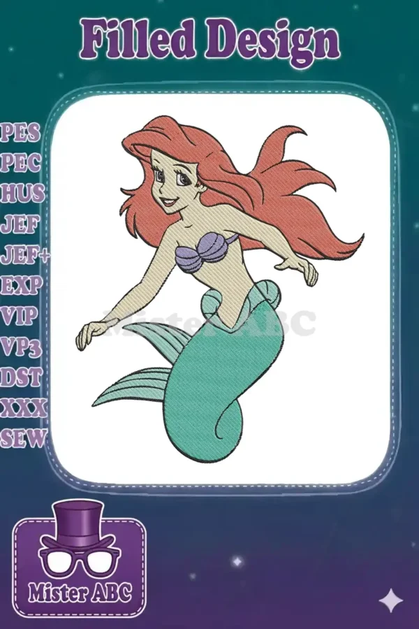 A vibrant embroidery design featuring Ariel from The Little Mermaid, with flowing red hair and a green tail.