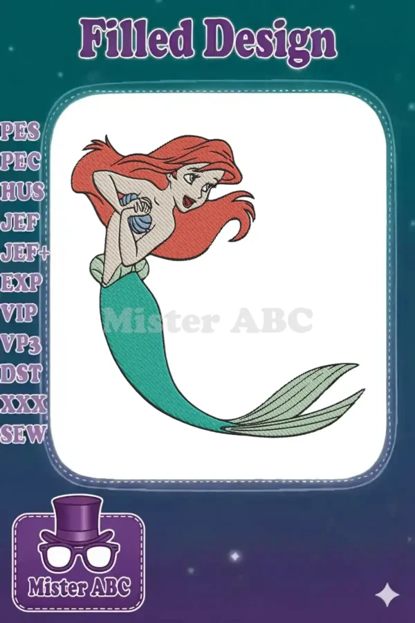 Vibrant embroidery design of Ariel from The Little Mermaid, with flowing red hair and teal tail, holding a seashell.