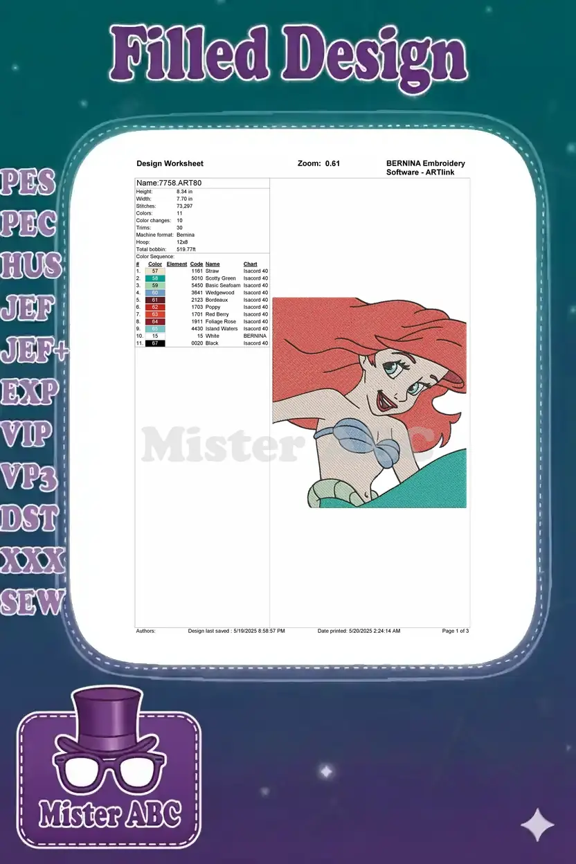 Embroidery design worksheet for Ariel, detailing dimensions, stitch count, color sequence, and thread chart information.