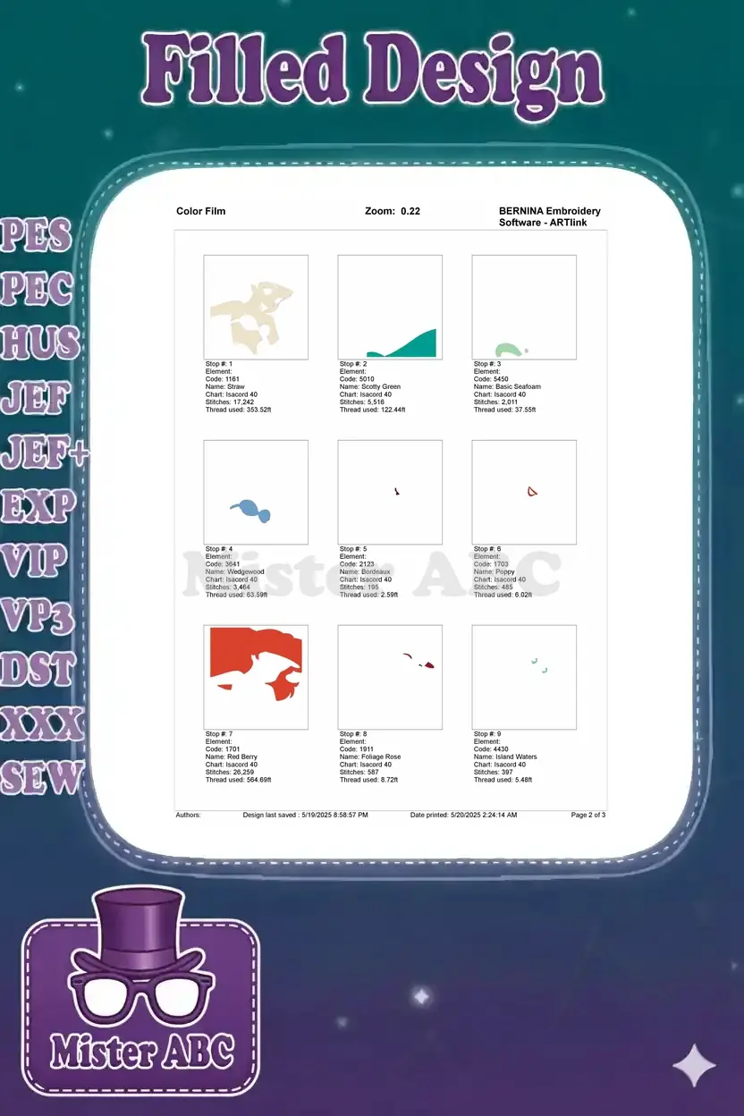 First page of the embroidery color film, illustrating the initial color stop layers and their respective stitch counts.