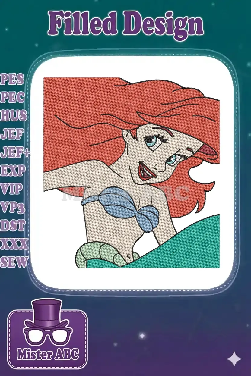 Close-up of a vibrant machine embroidery design featuring Disney's Ariel, with her iconic red hair and blue top.