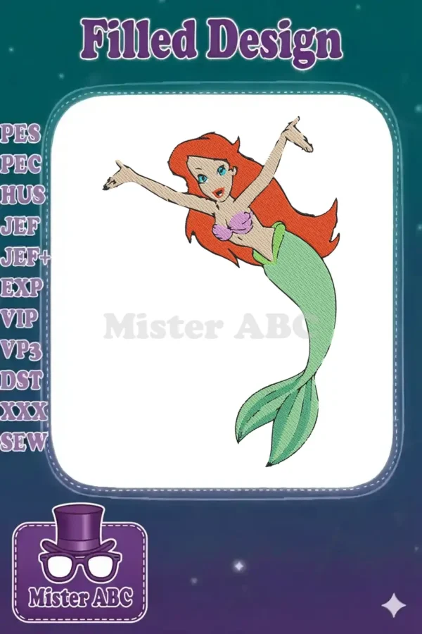 Vibrant embroidery design of Ariel from The Little Mermaid, with red hair, purple top, and green tail.