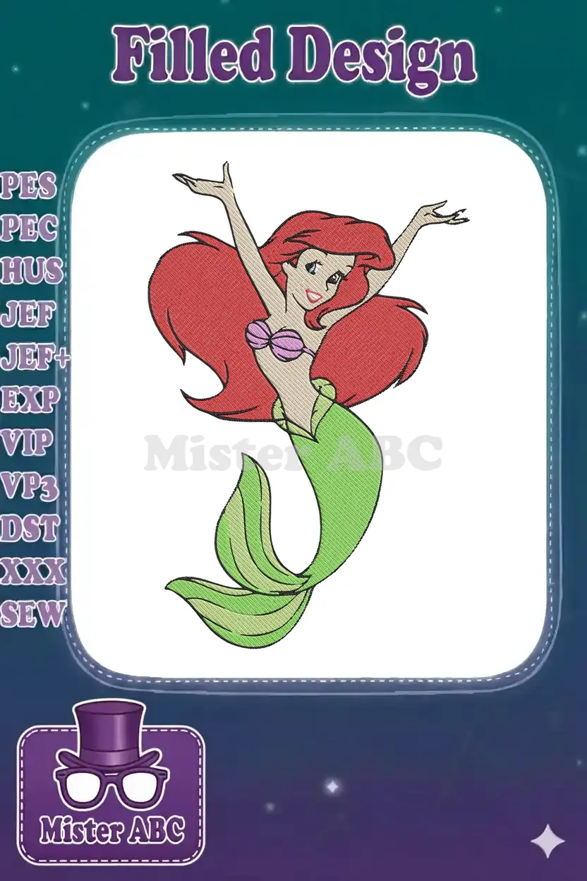 Vibrant Ariel the Mermaid embroidery design, showcasing her iconic pose with flowing red hair, purple top, and green tail.