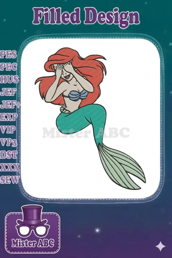 Ariel embroidery design, a beloved mermaid character covering her eyes playfully with a shy smile.
