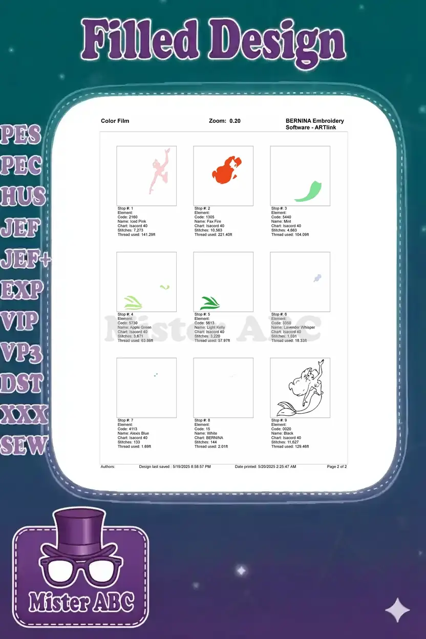 Color film breakdown of the Ariel embroidery design, illustrating each of the 9 individual thread color stops and their details.
