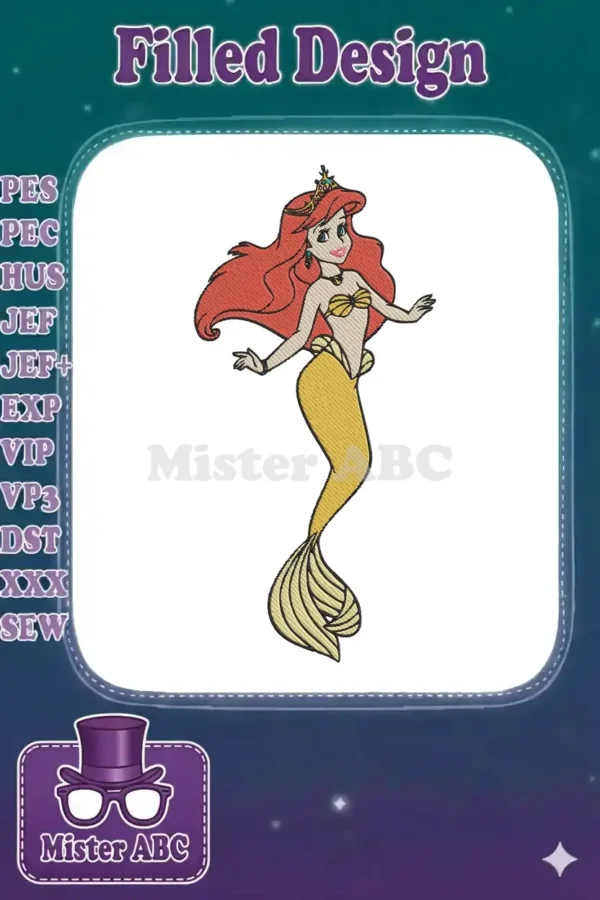 Full-color Ariel mermaid embroidery design, featuring vibrant red hair, a golden crown, seashell top, and flowing tail.