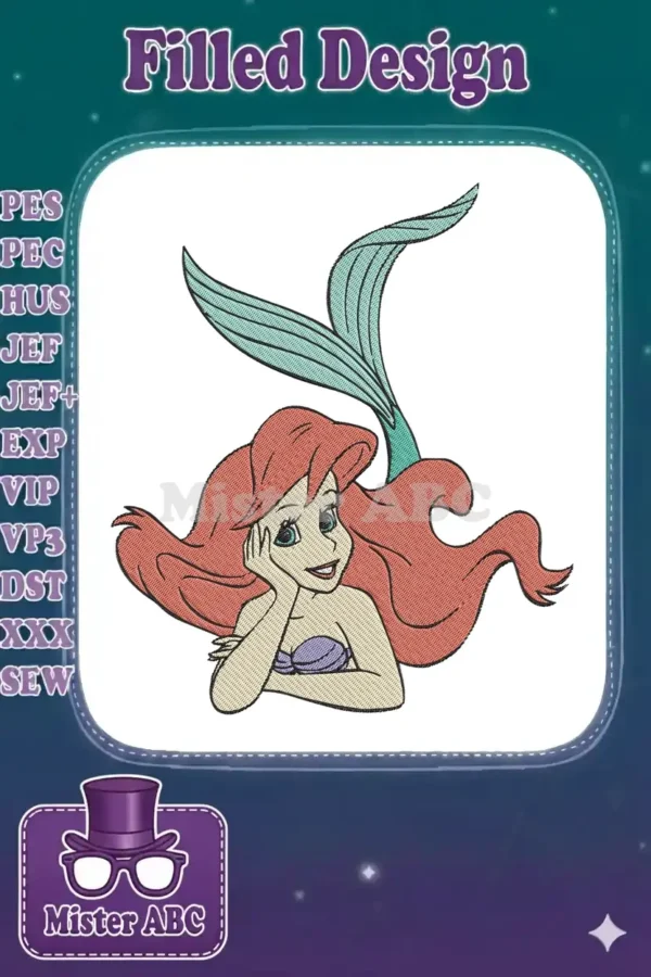 Close-up of a vibrant embroidery design featuring Disney's Ariel, the Little Mermaid, with flowing red hair and a teal tail.