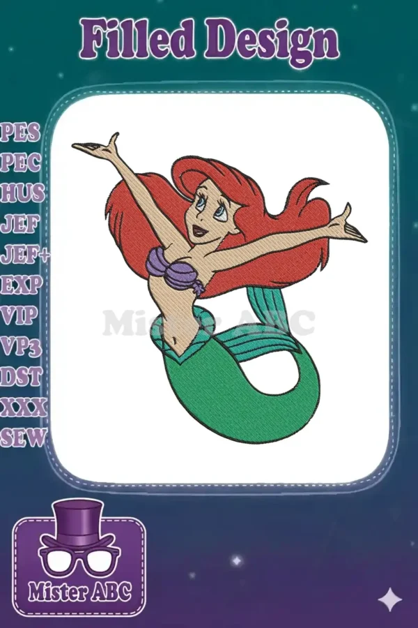 Vibrant embroidery design of Ariel from The Little Mermaid, with red hair, purple top, and green tail.