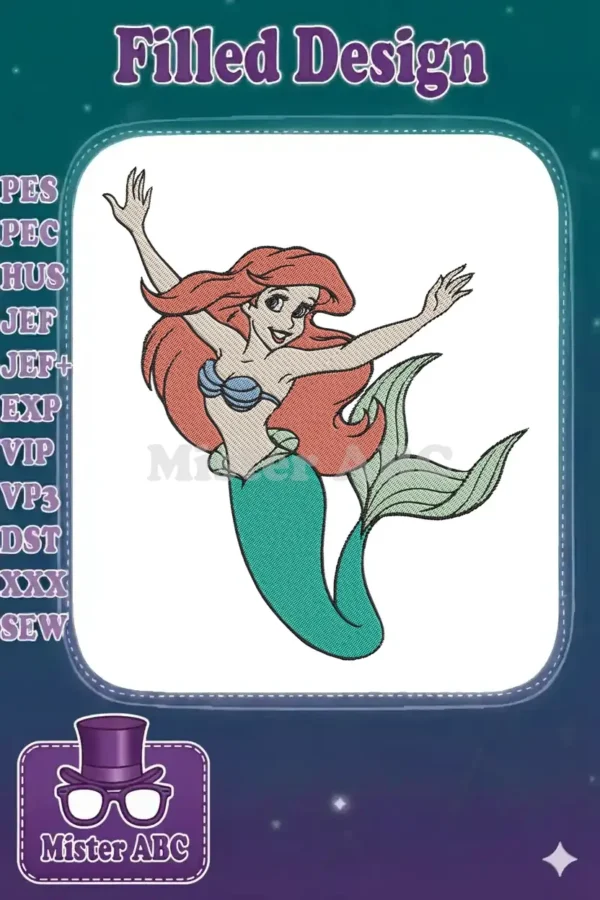 Vibrant embroidery design of Ariel from The Little Mermaid, with flowing red hair and green tail, arms raised.