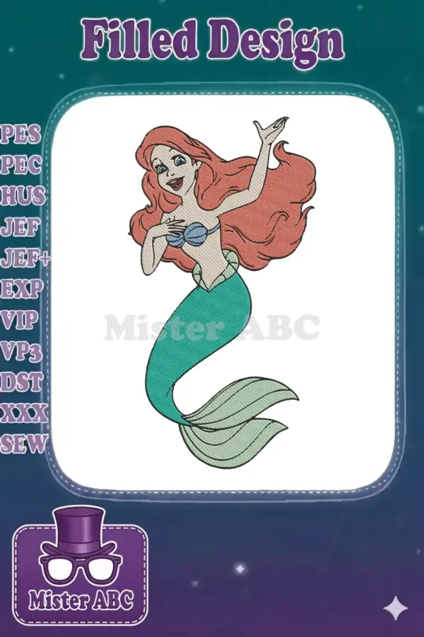 Vibrant embroidery design of Ariel, the Little Mermaid, with flowing red hair, blue seashell top, and green tail.