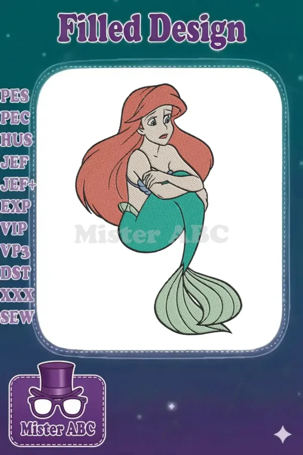 A detailed embroidery design of Disney's Ariel, the Little Mermaid, sitting with a worried expression and crossed arms.
