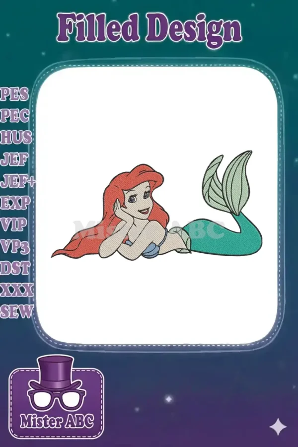 Vibrant embroidery design of Ariel the Little Mermaid reclining, featuring her red hair, green tail, and blue top.