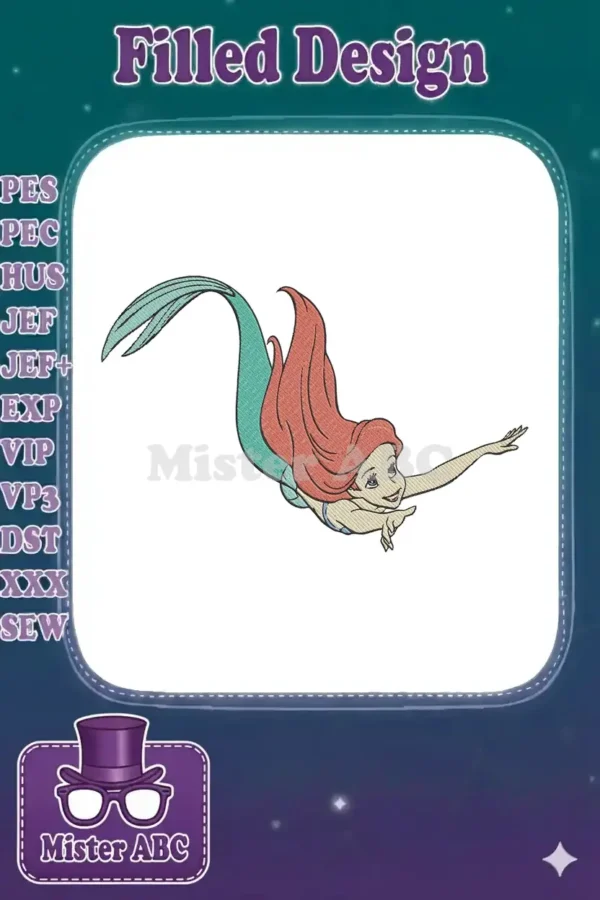 A vibrant embroidery design of Ariel the Little Mermaid, swimming gracefully with flowing red hair and a teal tail.