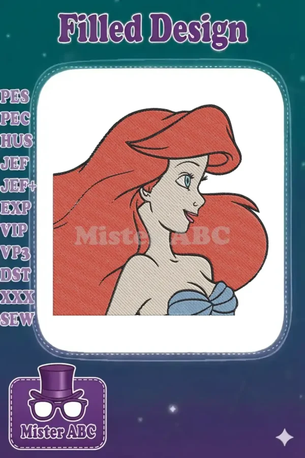Close-up embroidery design of Ariel from The Little Mermaid, featuring her iconic red hair and serene profile.