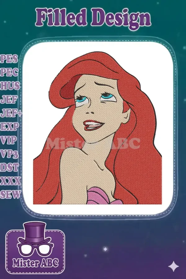 Close-up of a vibrant Ariel embroidery design, featuring her red hair, blue eyes, and enchanting smile.