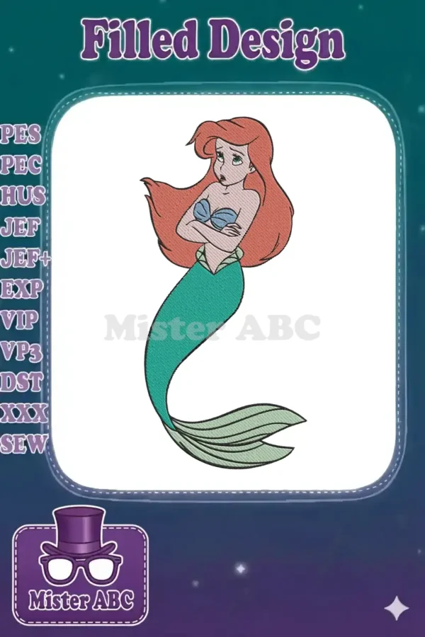 An embroidered image of Ariel from The Little Mermaid, arms crossed, looking sad or cold, with vibrant red hair.