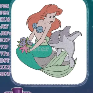 A vibrant embroidery design featuring Ariel from The Little Mermaid with a friendly dolphin, holding purple flowers.