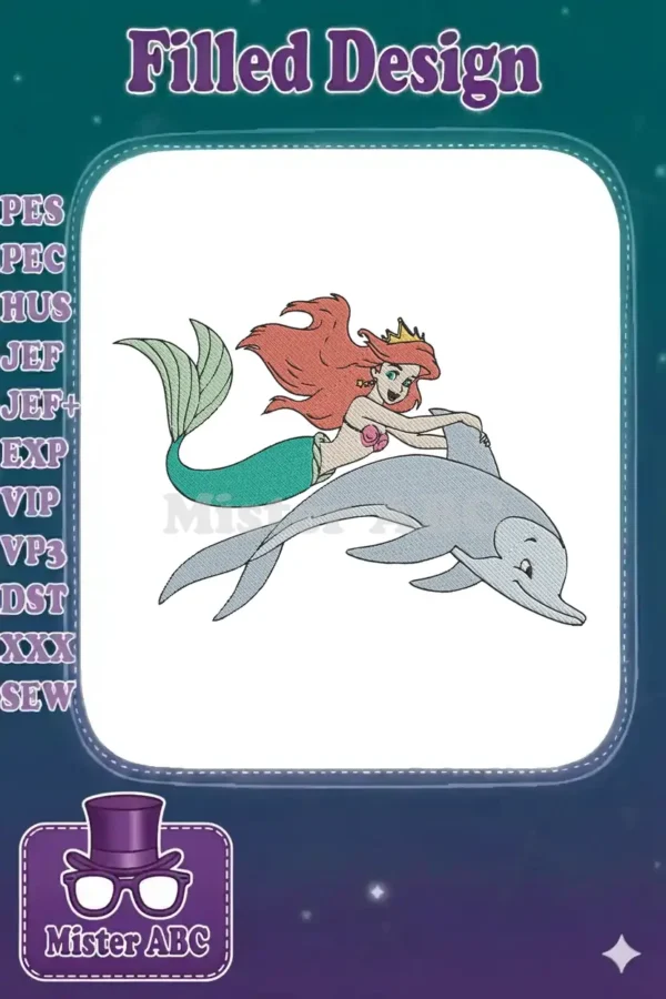 Vibrant embroidery design featuring a red-haired mermaid with a crown riding on a friendly grey dolphin.