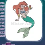 Smiling red-haired mermaid princess Ariel and Flounder embroidery designs - Instant Download