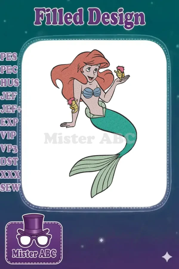 Vibrant embroidery design of Ariel, the Little Mermaid, with Flounder on her arm and Sebastian on her hand, against a white background.