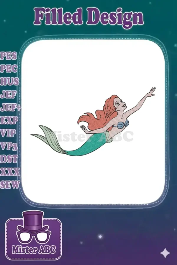A vibrant embroidery design of Ariel the Little Mermaid, swimming gracefully with red hair and a green tail.
