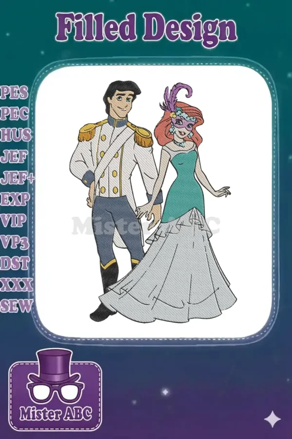 Ariel and Prince Eric in elegant masquerade attire, holding hands, featuring embroidery fill stitches on a white background.
