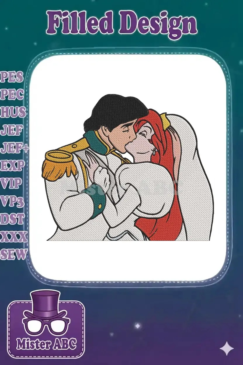 A detailed embroidery design of Ariel and Prince Eric sharing a romantic wedding kiss, showcasing vibrant colors and intricate stitching.