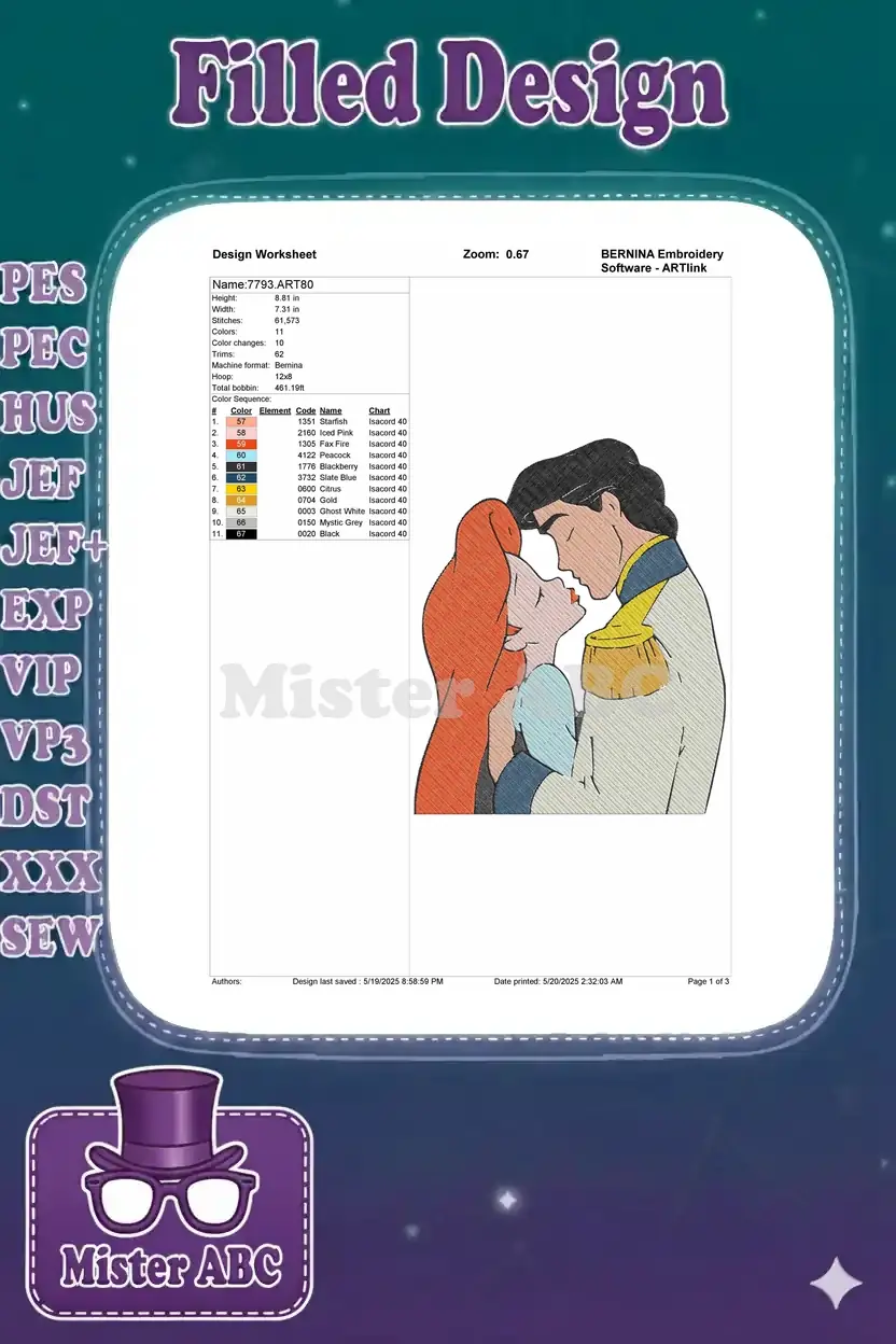 Detailed embroidery design worksheet for Ariel and Prince Eric, showing stitch count, colors, and dimensions.