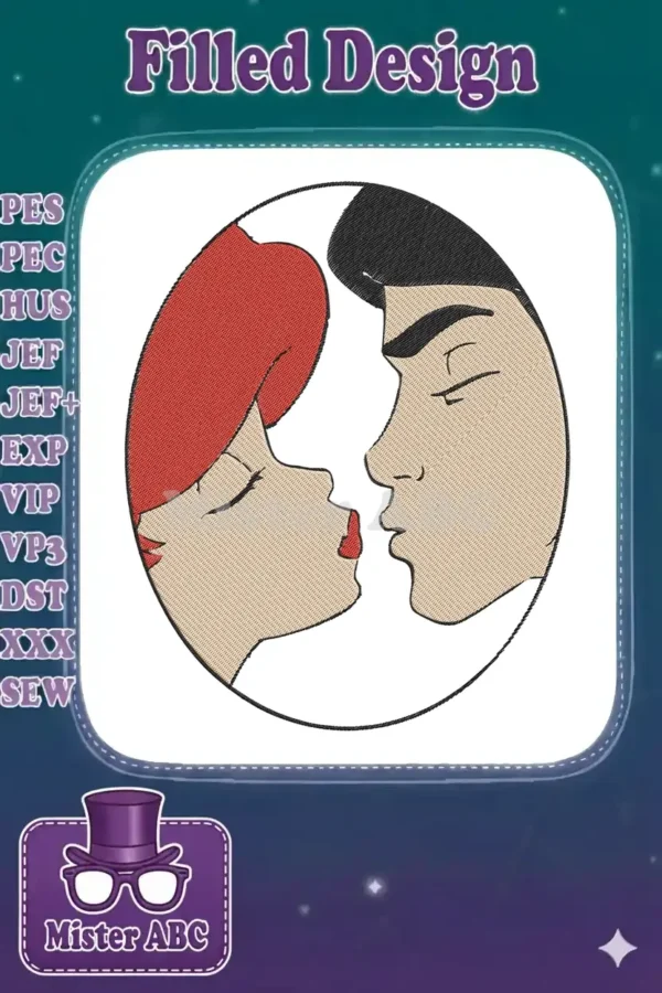 Pop art style embroidery of a man and woman's profiles about to kiss, enclosed in a circular frame.