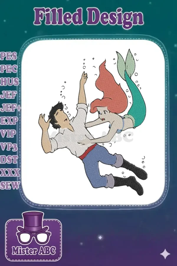 A vibrant embroidery design featuring Ariel the mermaid saving Prince Eric from drowning amidst water bubbles.