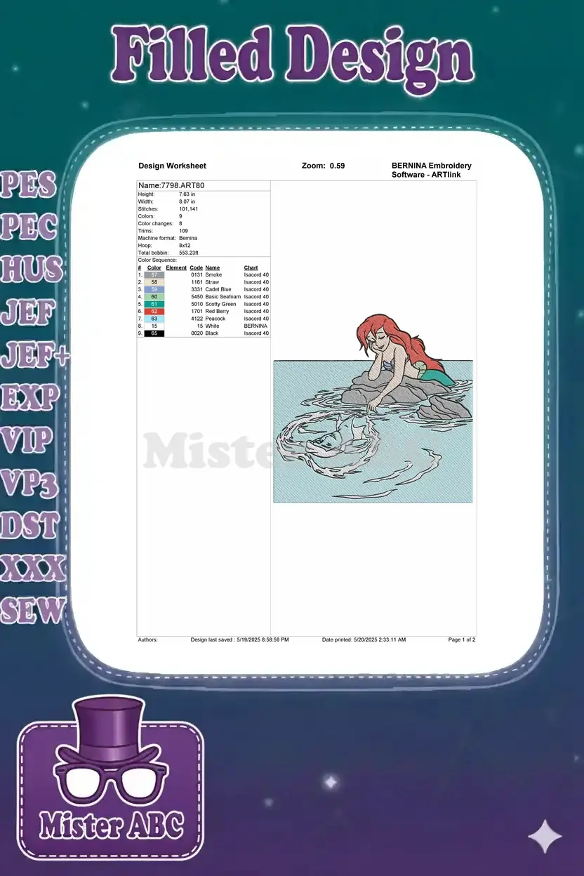 A detailed embroidery design worksheet for Ariel's reflection, showing stitch counts, colors, and dimensions.
