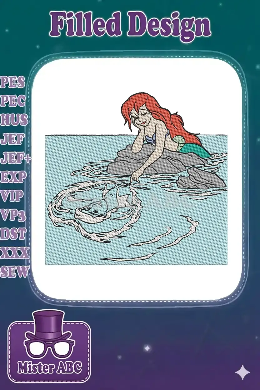 An embroidery design featuring Ariel the Mermaid on a rock, gazing at her human reflection in the water.