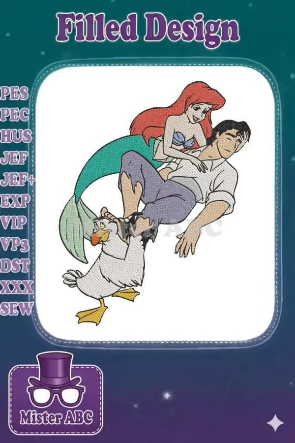Ariel, Prince Eric, and Scuttle in a dramatic rescue embroidery design, showcasing vibrant colors and detailed stitching.