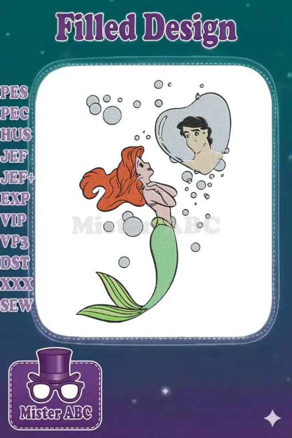 Embroidery design featuring Ariel from The Little Mermaid, gazing wistfully at Prince Eric's reflection in a bubble.