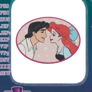 An oval embroidery design of Ariel and Prince Eric, faces close, on a light pink background, perfect for romantic Disney crafts.