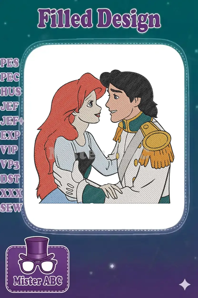 A vibrant embroidery design featuring Ariel and Prince Eric in a loving embrace, capturing their iconic fairytale romance.