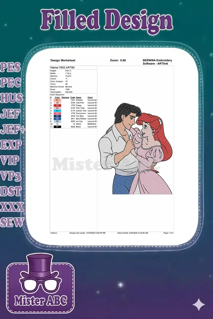 Embroidery design worksheet for Ariel and Eric, detailing dimensions, stitch count, color sequence, and thread types.