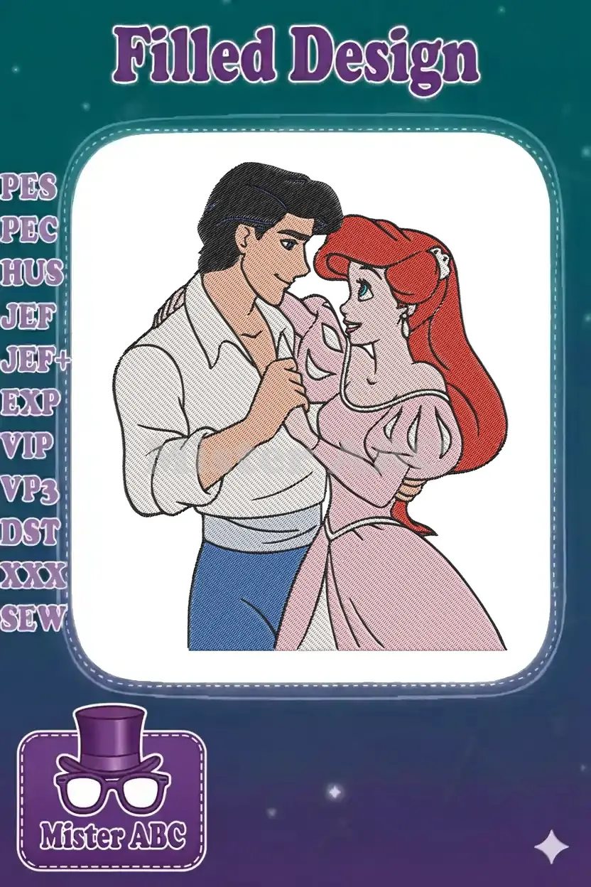 Detailed embroidery design showcasing Ariel in a pink ballgown and Prince Eric dancing, capturing a romantic fairytale moment.