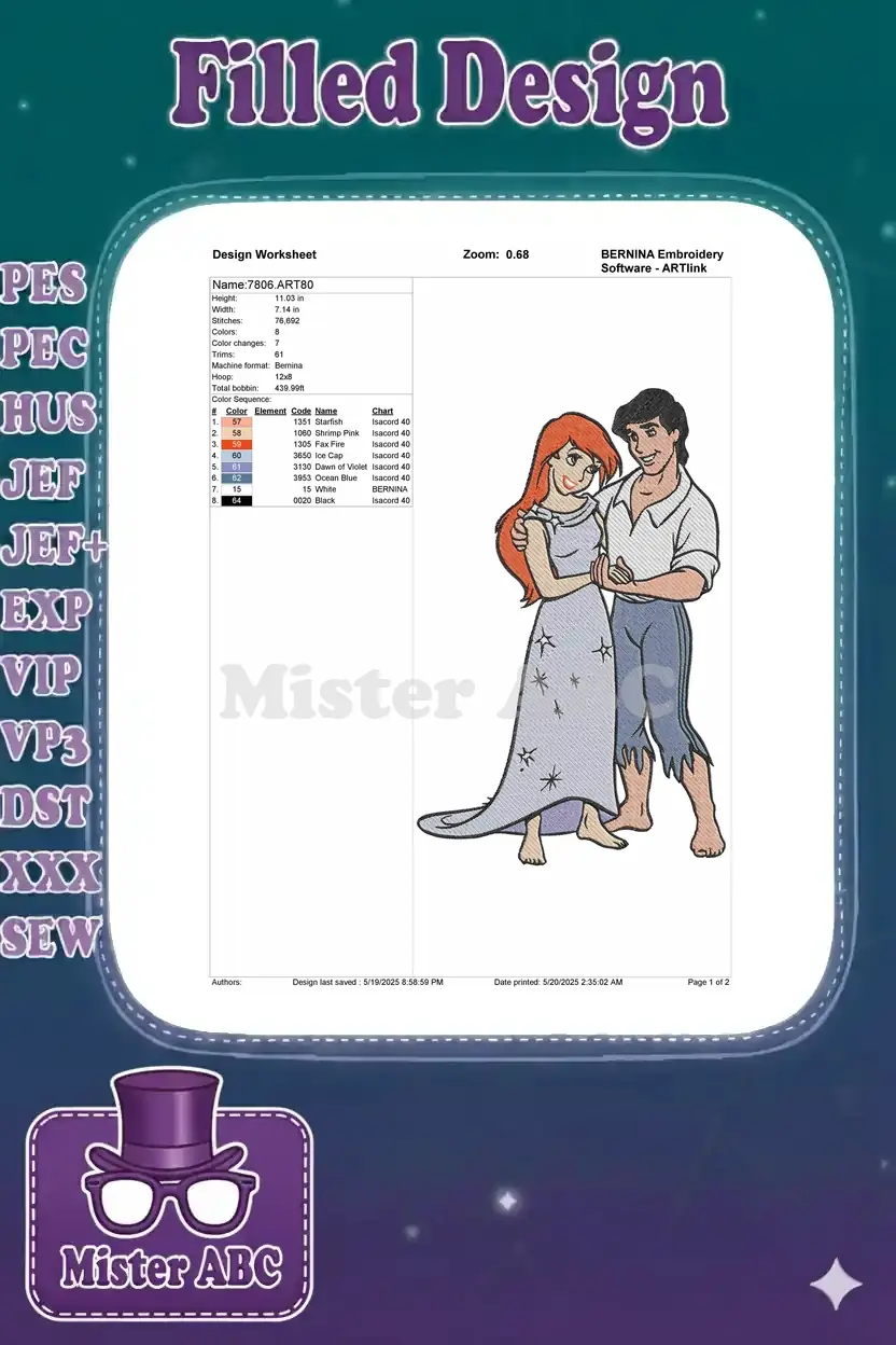 Embroidery design worksheet detailing dimensions, stitch count, color sequence, and machine specifications.