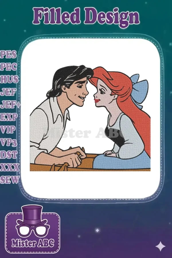 Close-up of an intricate embroidery design featuring Ariel and Prince Eric from Disney's The Little Mermaid.