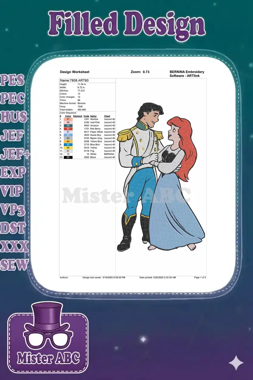 Embroidery design worksheet for Ariel and Eric, showing dimensions, stitch count, and color sequence details.