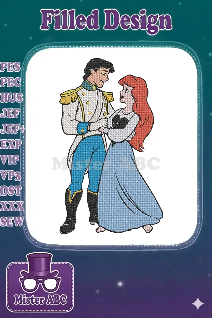 Vibrant embroidery design of Ariel and Prince Eric from Disney's The Little Mermaid, holding hands and gazing.