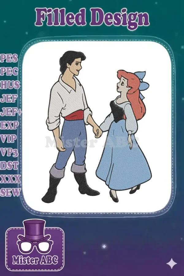 A vibrant embroidery design featuring Ariel and Prince Eric holding hands, gazing lovingly at each other. Full of charm!