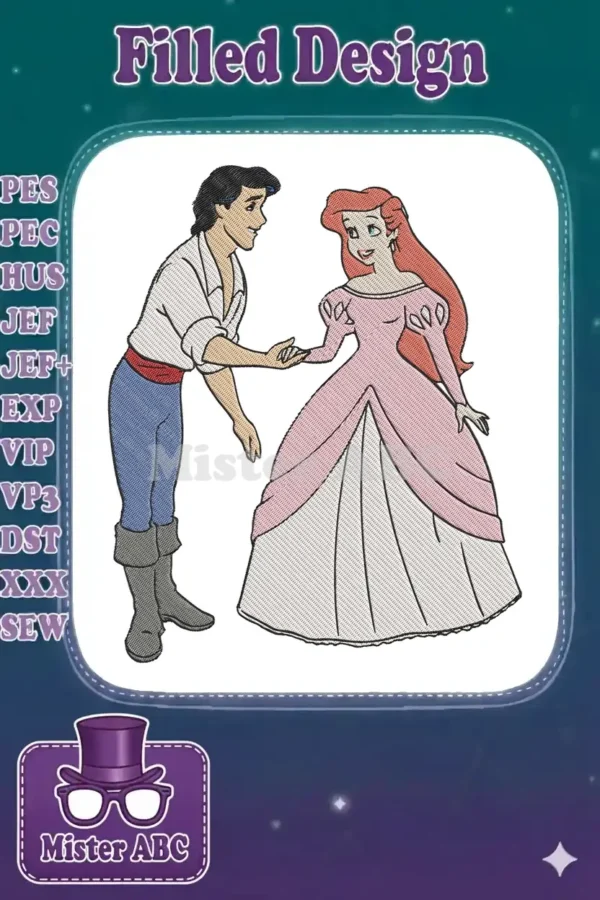 Full-color machine embroidery design of Disney's Ariel in a pink ball gown with Prince Eric, holding hands.