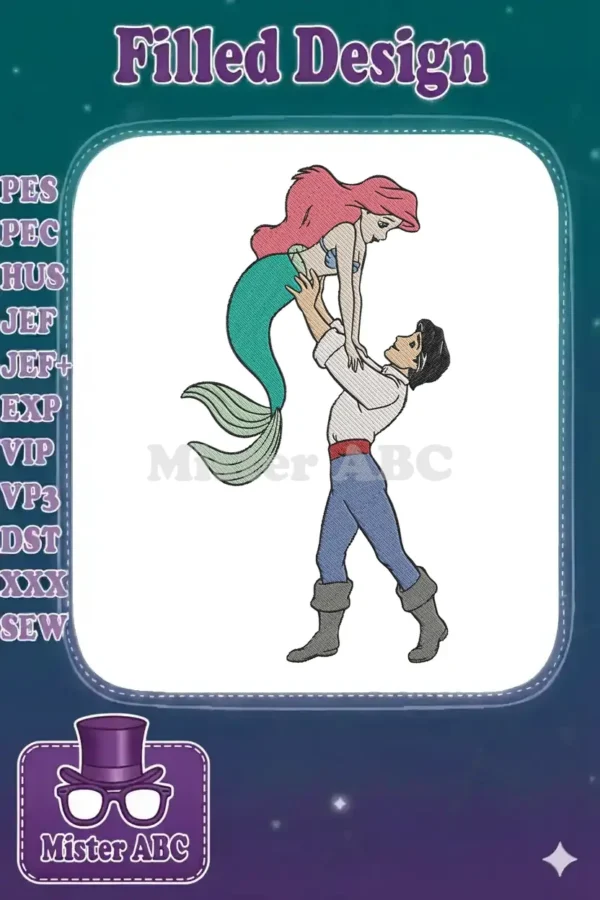 Full-color embroidery design of Ariel, the mermaid, being lifted joyfully by Prince Eric, showcasing vibrant detail.